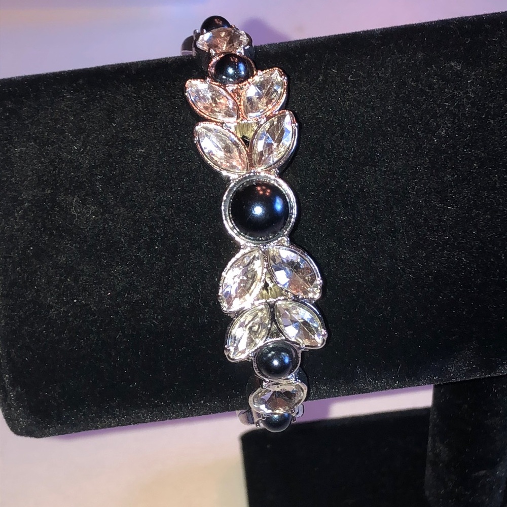 Elegant Silver Tone Black and Clear Crystal Statement Cuff Bracelet